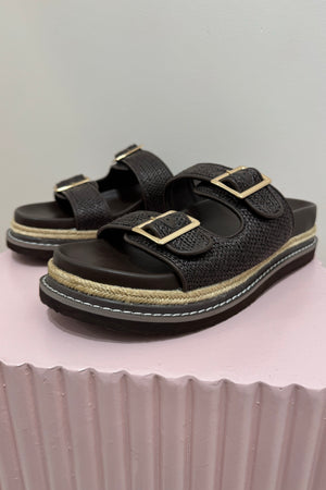 Billini Adonis Platform Slide | Chocolate Raffia