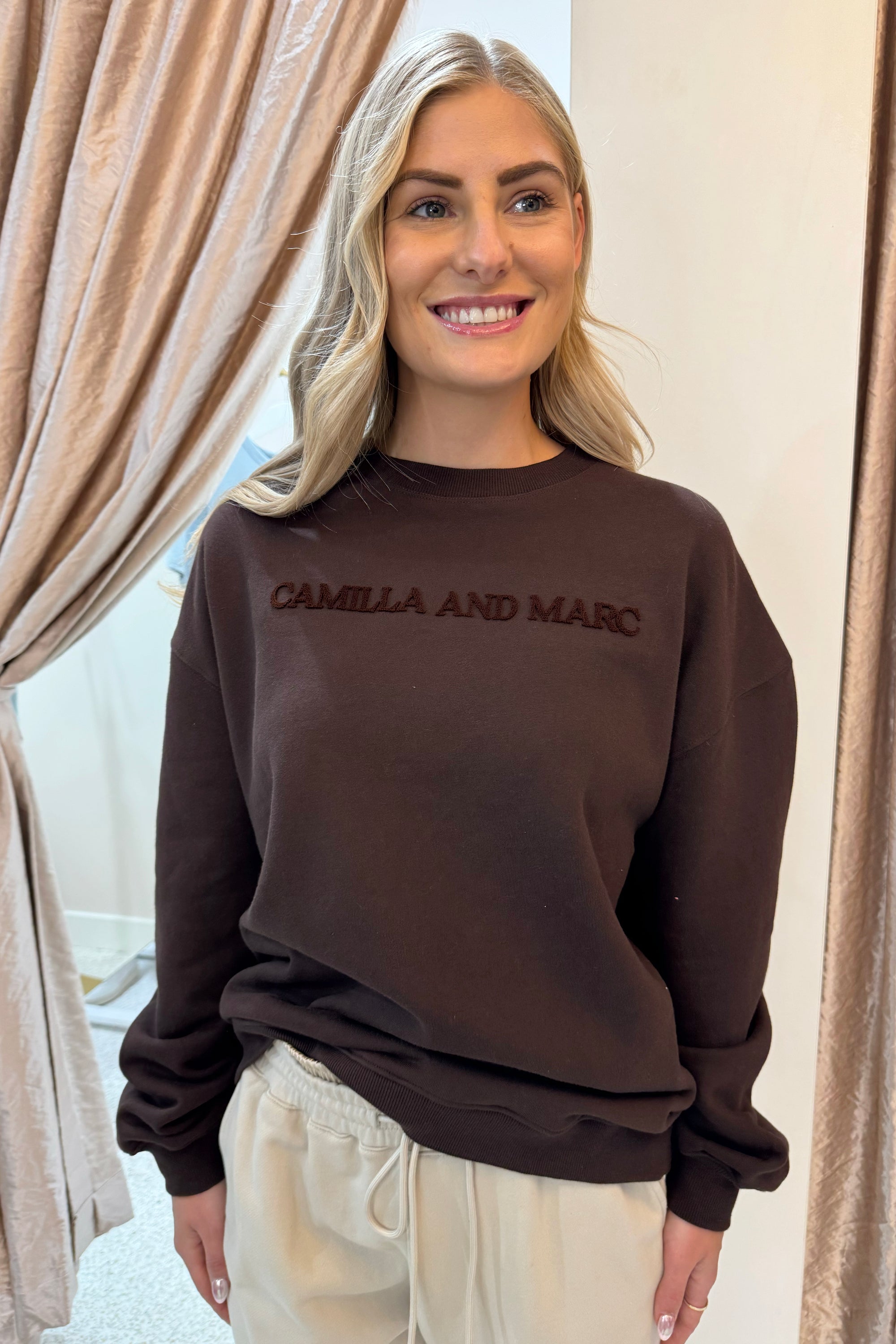 C&M Camilla & Marc Tia Flocking Logo Crew Sweater | Bitter Chocolate