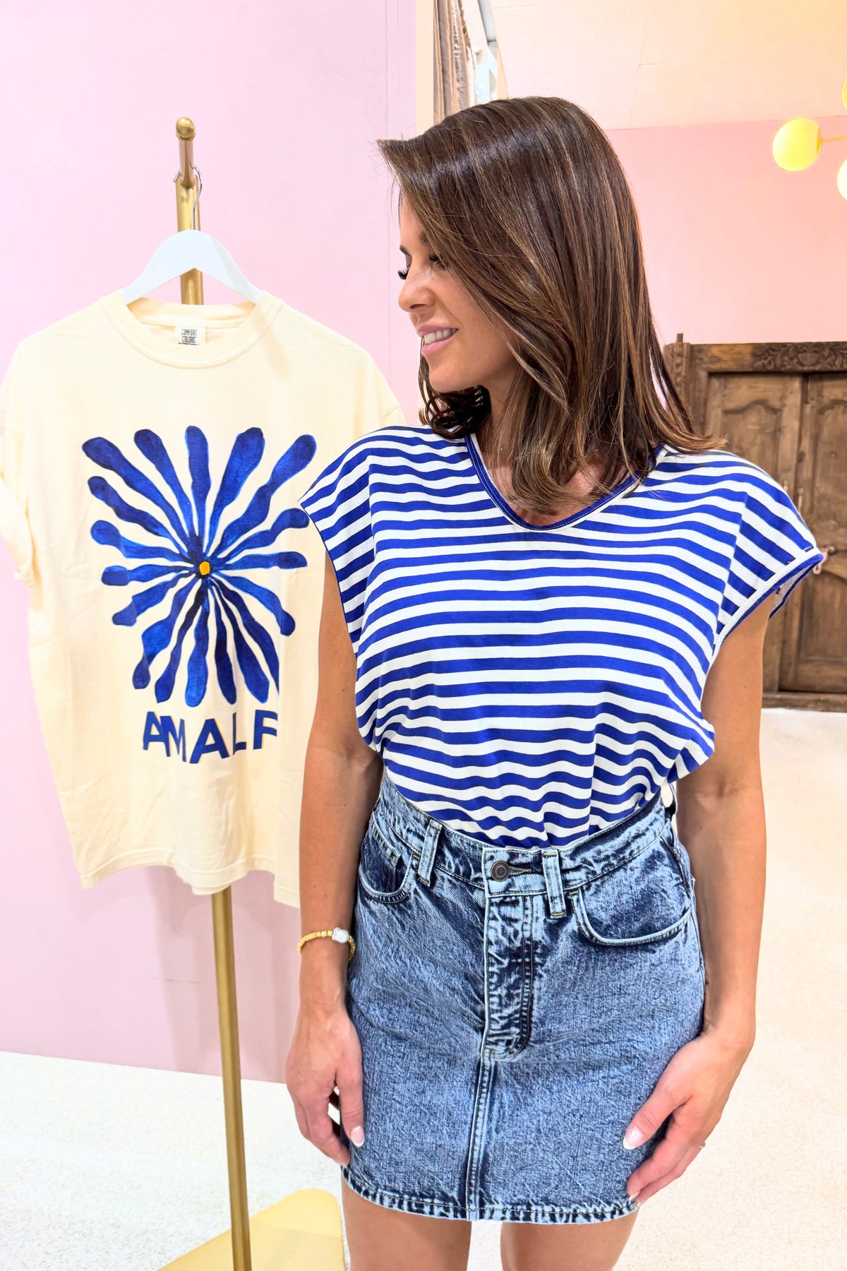 Bassike Stripe Scoop Neck Tank | Cobalt / Natural