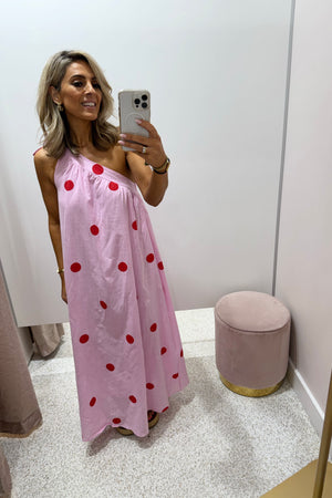 Chosen By Fifi & Annie The Polka Camillia One Shoulder Maxi Dress | Pink Polka