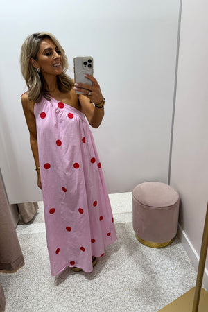 Chosen By Fifi & Annie The Polka Camillia One Shoulder Maxi Dress | Pink Polka