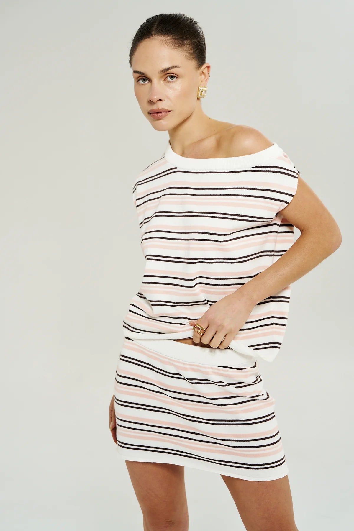 Summi Summi Knit Off Shoulder Top | Dusty Rose Stripe