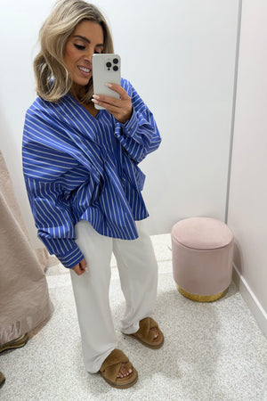 Chosen By Fifi & Annie the Esme Pleated Oversized Shirt | Dark Blue Stripes