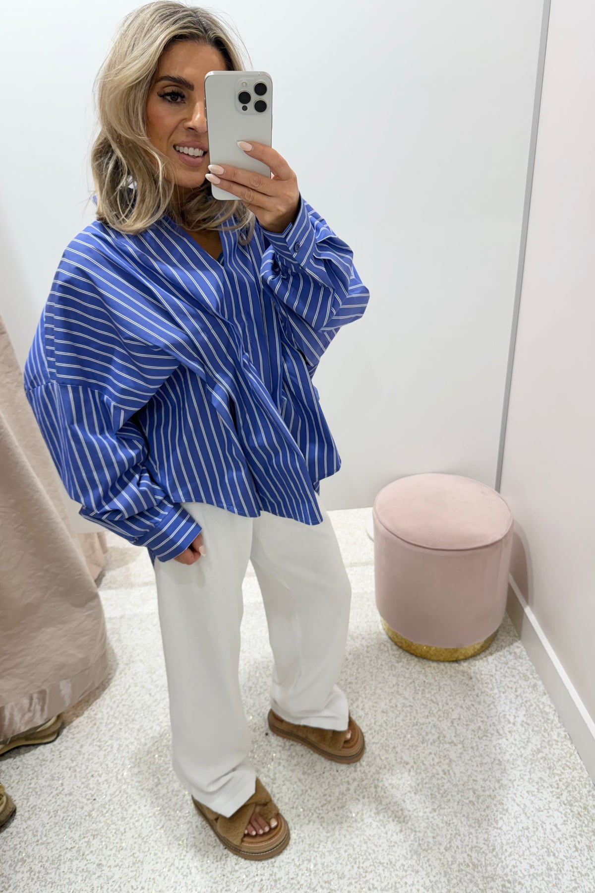 Chosen By Fifi & Annie the Esme Pleated Oversized Shirt | Dark Blue Stripes