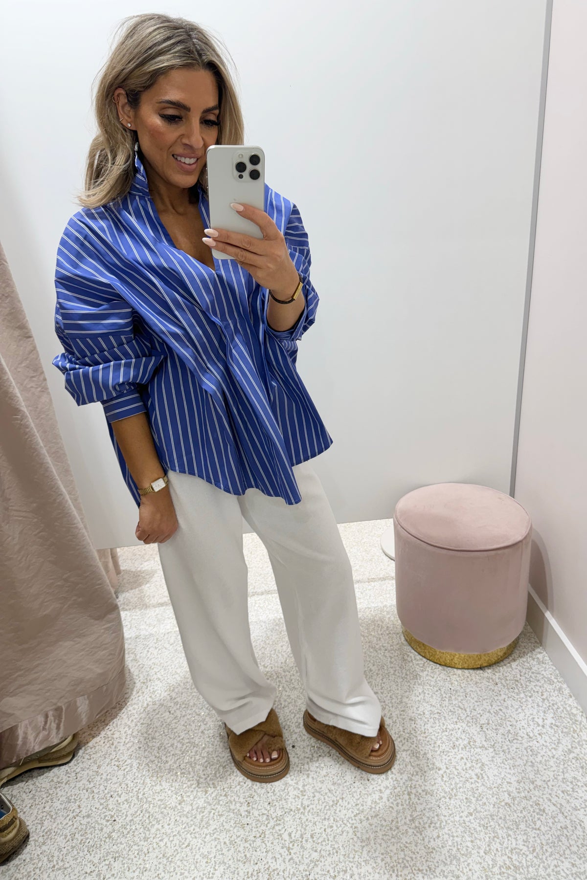 Chosen By Fifi & Annie the Esme Pleated Oversized Shirt | Dark Blue Stripes