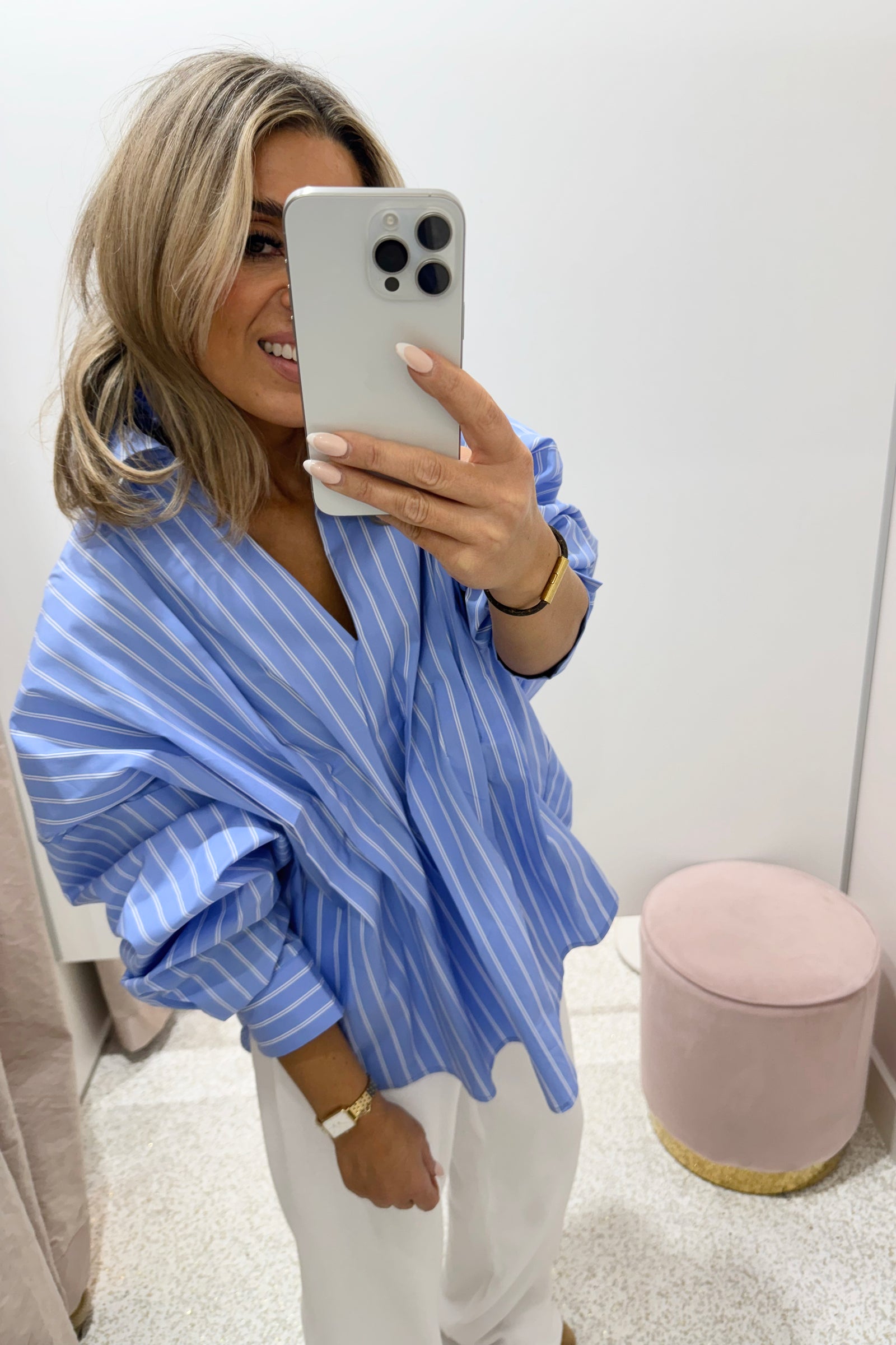 Chosen By Fifi & Annie the Esme Pleated Oversized Shirt | Light Blue Stripe