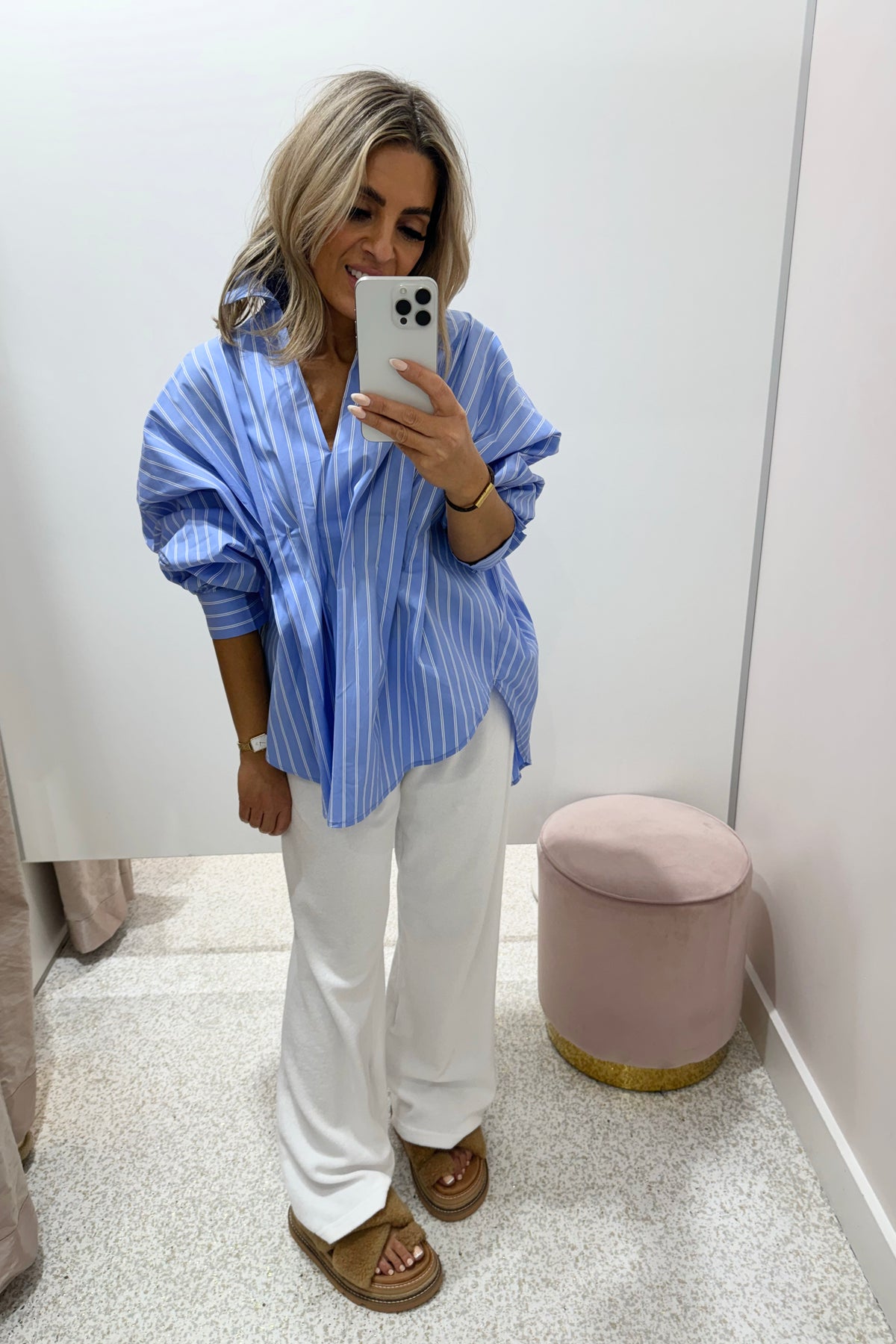 Chosen By Fifi & Annie the Esme Pleated Oversized Shirt | Light Blue Stripe