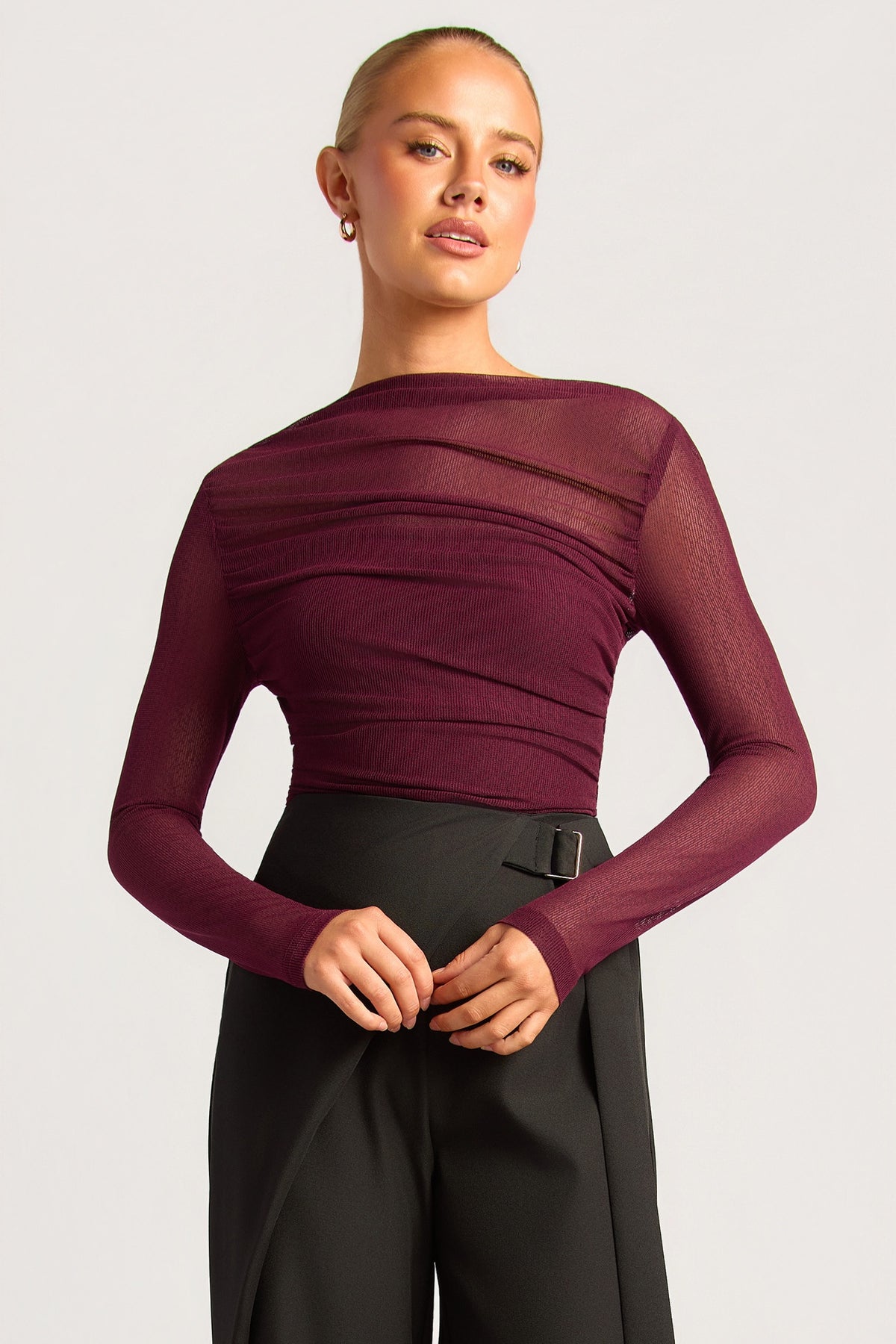 Chosen By Fifi & Annie The Asymmetric Hem Ruched Detail Sheer Mesh Top | Wine