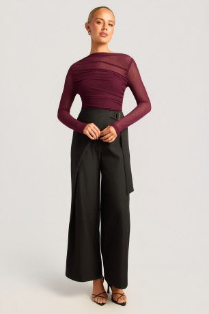 Chosen By Fifi & Annie The Asymmetric Hem Ruched Detail Sheer Mesh Top | Wine