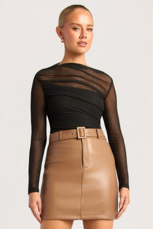 Chosen By Fifi & Annie The Asymmetric Hem Ruched Detail Sheer Mesh Top | Black