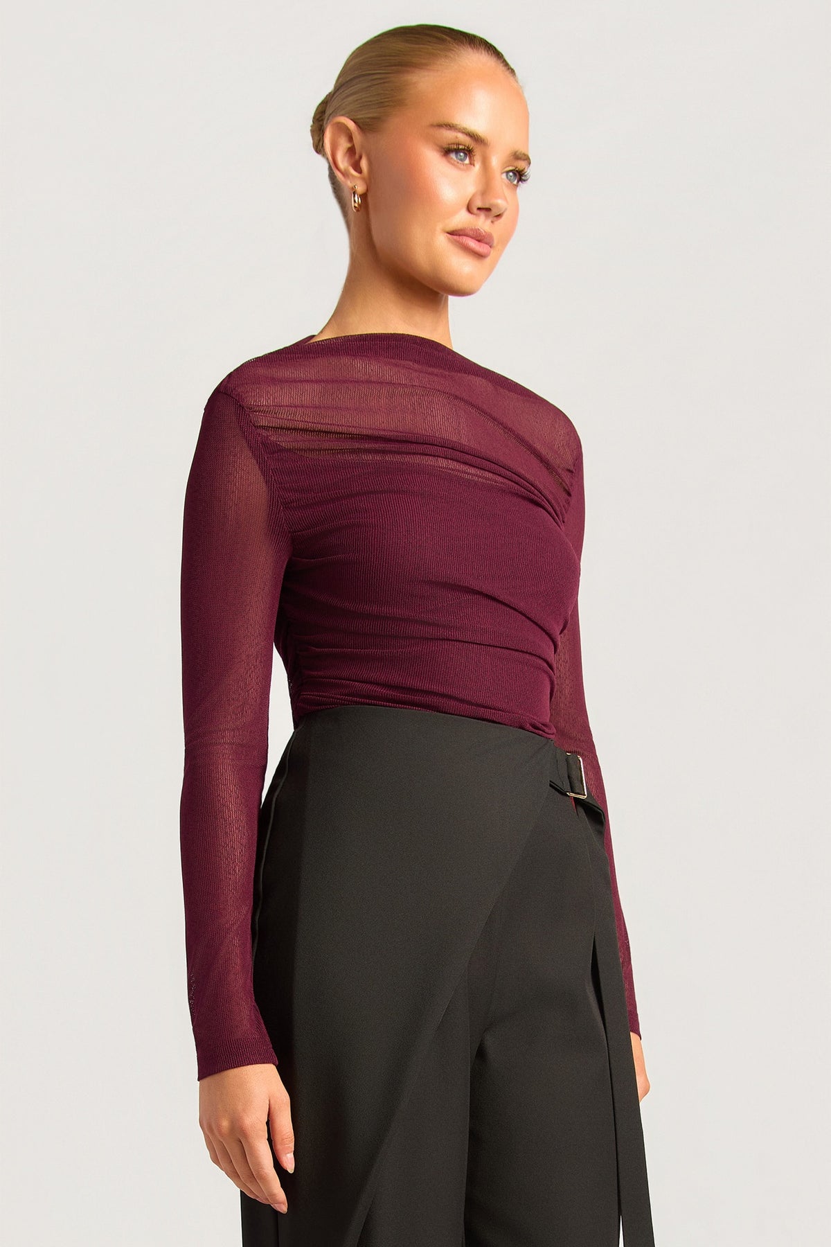 Chosen By Fifi & Annie The Asymmetric Hem Ruched Detail Sheer Mesh Top | Wine