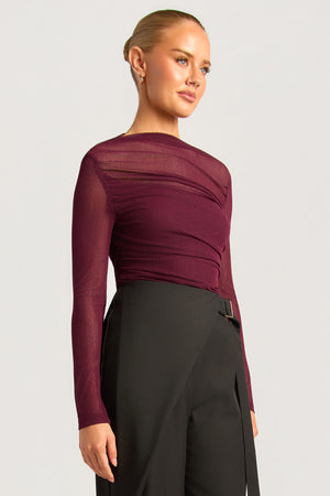 Chosen By Fifi & Annie The Asymmetric Hem Ruched Detail Sheer Mesh Top | Wine