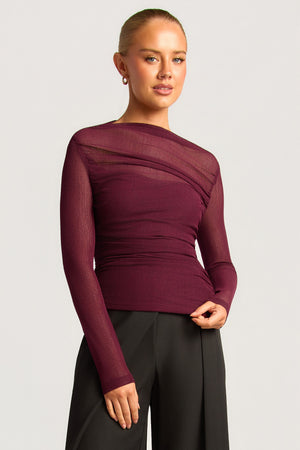 Chosen By Fifi & Annie The Asymmetric Hem Ruched Detail Sheer Mesh Top | Wine