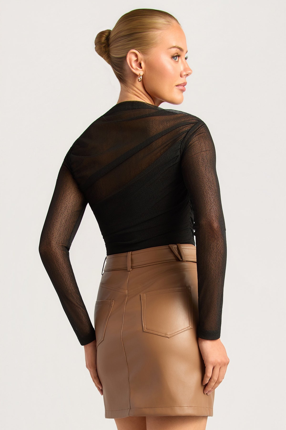Chosen By Fifi & Annie The Asymmetric Hem Ruched Detail Sheer Mesh Top | Black
