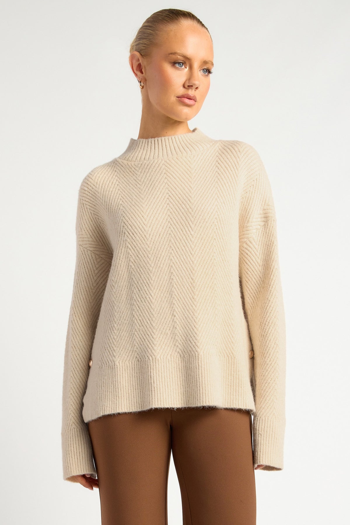 Chosen By Fifi & Annie The Relaxed  Knit Jumper with Side Gold Buttons | Bone