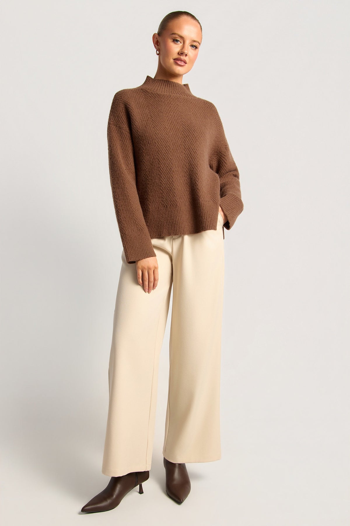 Chosen By Fifi & Annie The Relaxed  Knit Jumper with Side Gold Buttons | Ash Brown