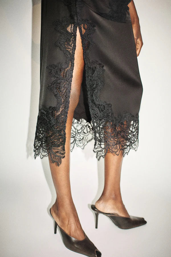 Shona Joy Everly Lace Split Midi Skirt | Black