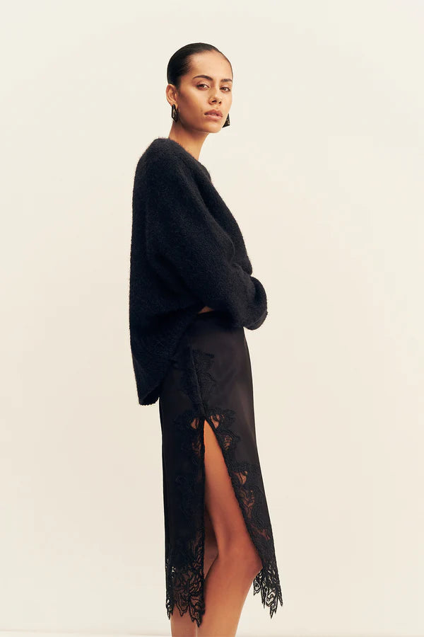 Shona Joy Everly Lace Split Midi Skirt | Black