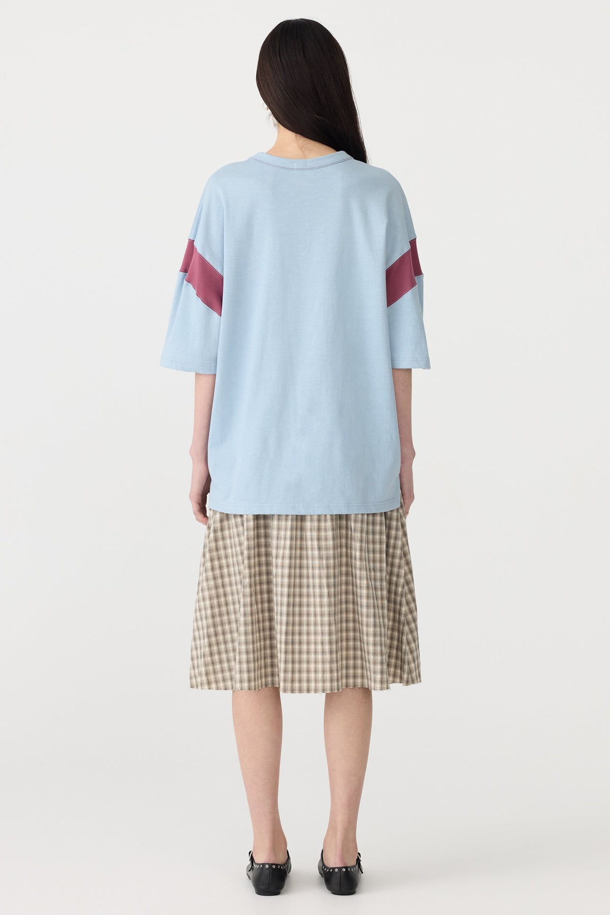 Bassike Oversized Rib Detail T-Shirt | Pale Blue/Burgandy