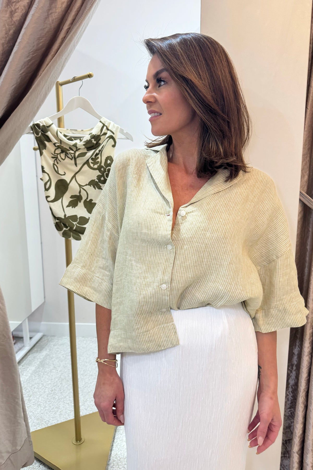 Nude Lucy Lounge Stripe Linen Shirt | Moss Stripe