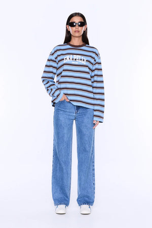 Ena Pelly Maria Boxy Long Sleeve Top | Blue/Brown Stripe