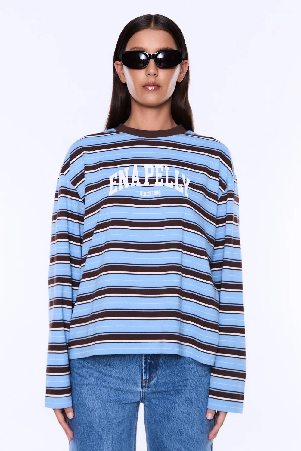 Ena Pelly Maria Boxy Long Sleeve Top | Blue/Brown Stripe