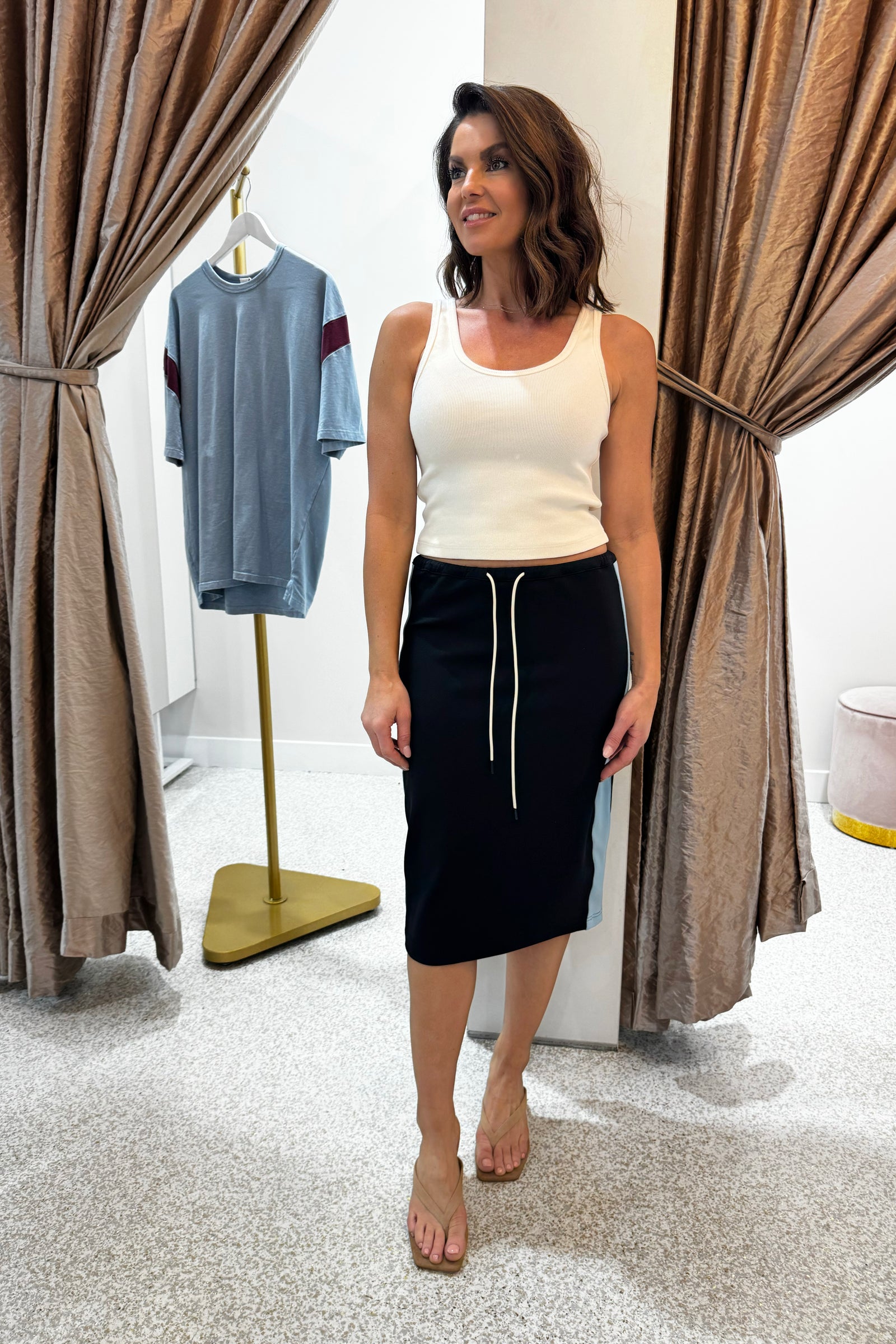 Bassike Pique Stripe Detail Skirt | Black/Pale Blue