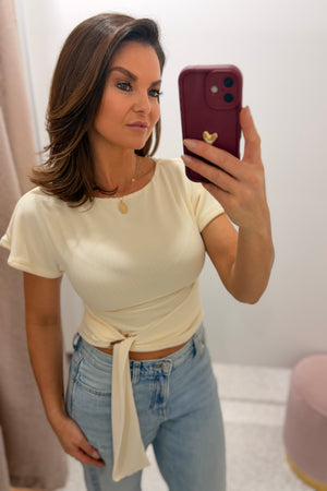 Chosen By Fifi & Annie The Textured Jersey Top With Gold Buckle Detail | Warm White