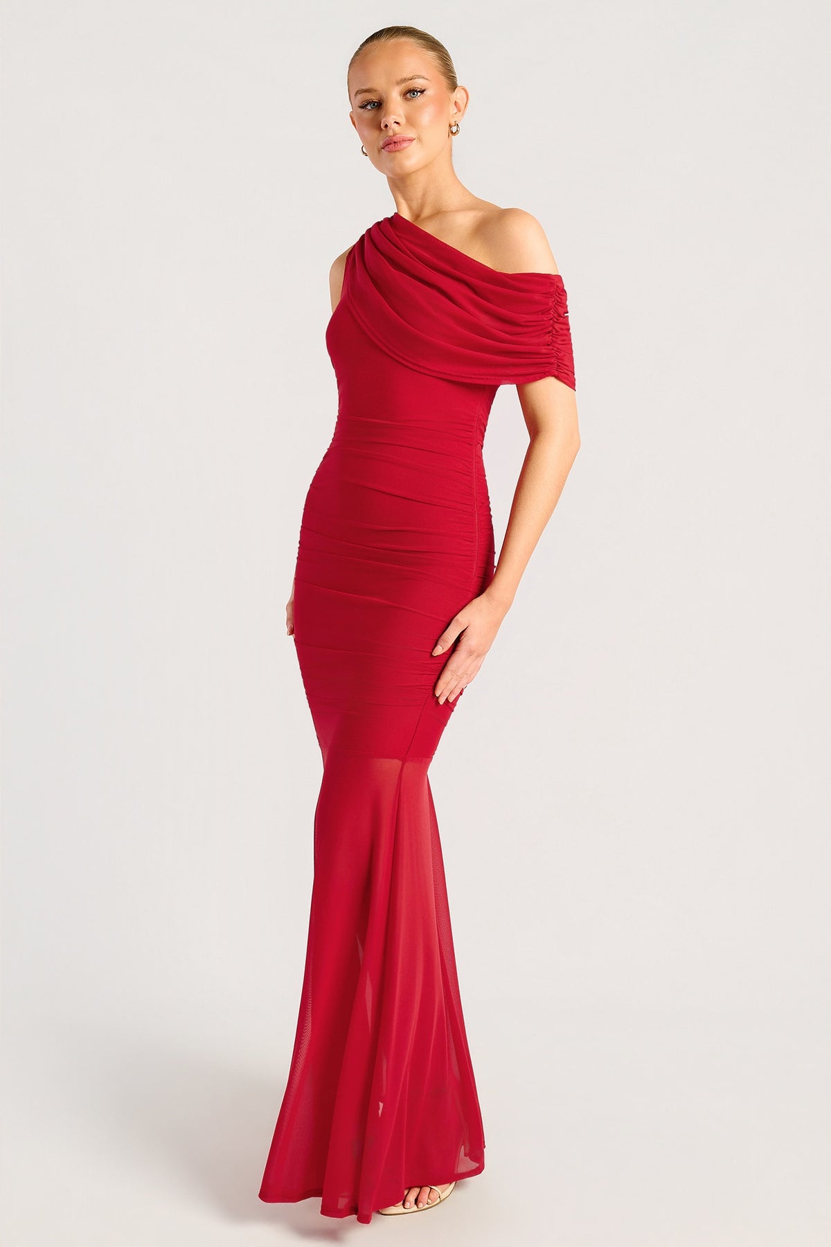 Chosen By Fifi & Annie The Drape Detail Mesh Maxi Dress | Red || PRE ORDER ETA 03/09/2026