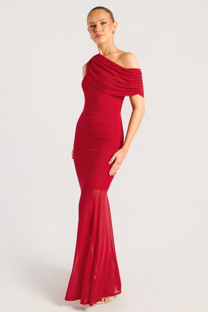 Chosen By Fifi & Annie The Drape Detail Mesh Maxi Dress | Red || PRE ORDER ETA 03/09/2026
