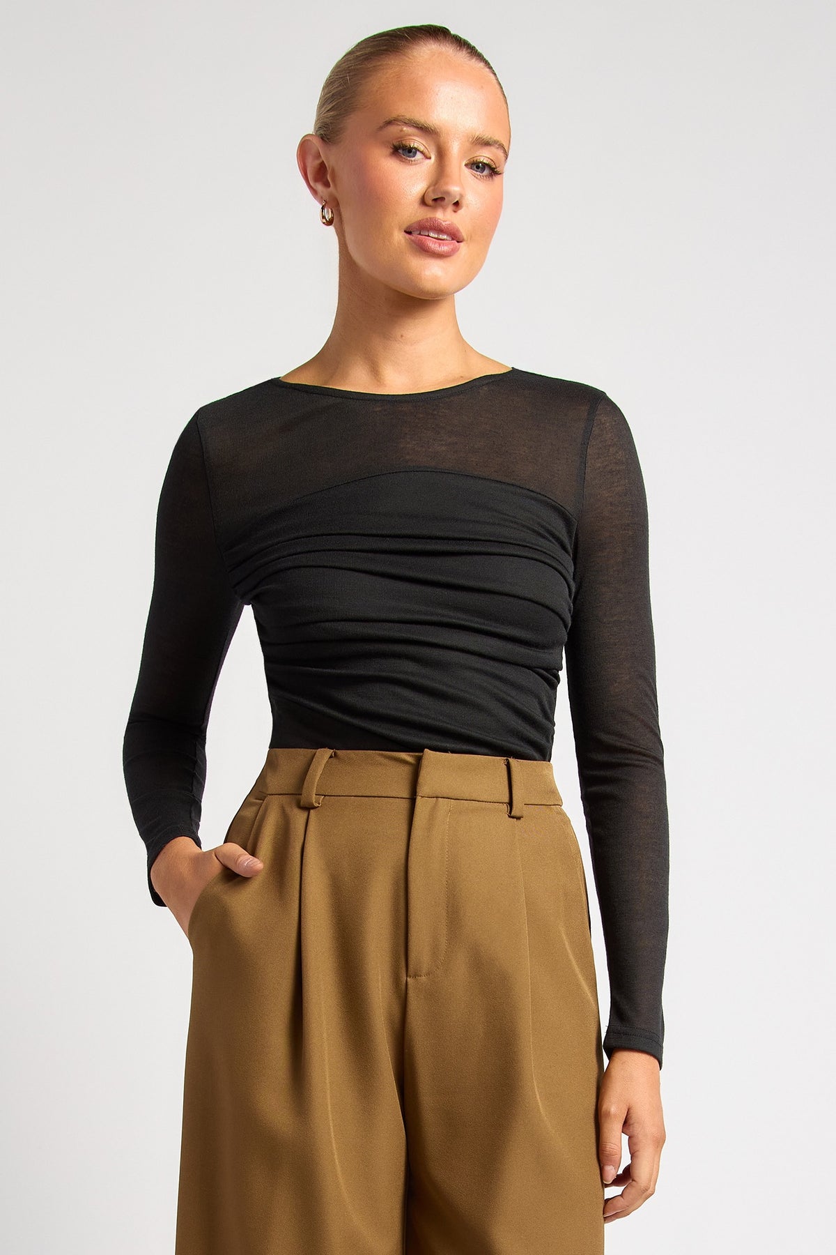 Chosen By Fifi & Annie The Ruched Detail Bodice Sheer Top | Black || PRE ORDER ETA 03/09/2026