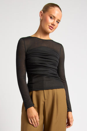 Chosen By Fifi & Annie The Ruched Detail Bodice Sheer Top | Black || PRE ORDER ETA 03/09/2026