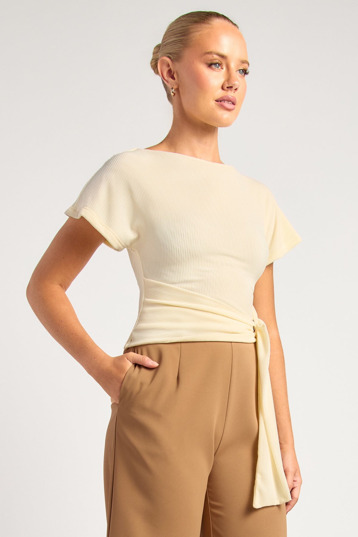 Chosen By Fifi & Annie The Textured Jersey Top With Gold Buckle Detail | Warm White || PRE ORDER ETA 03/09/2026