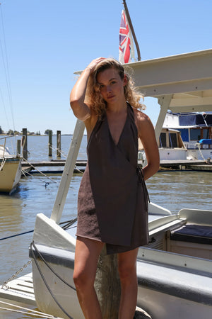 ORTC The Elise Linen Mini Wrap Dress | Carob