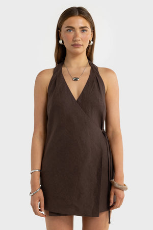 ORTC The Elise Linen Mini Wrap Dress | Carob