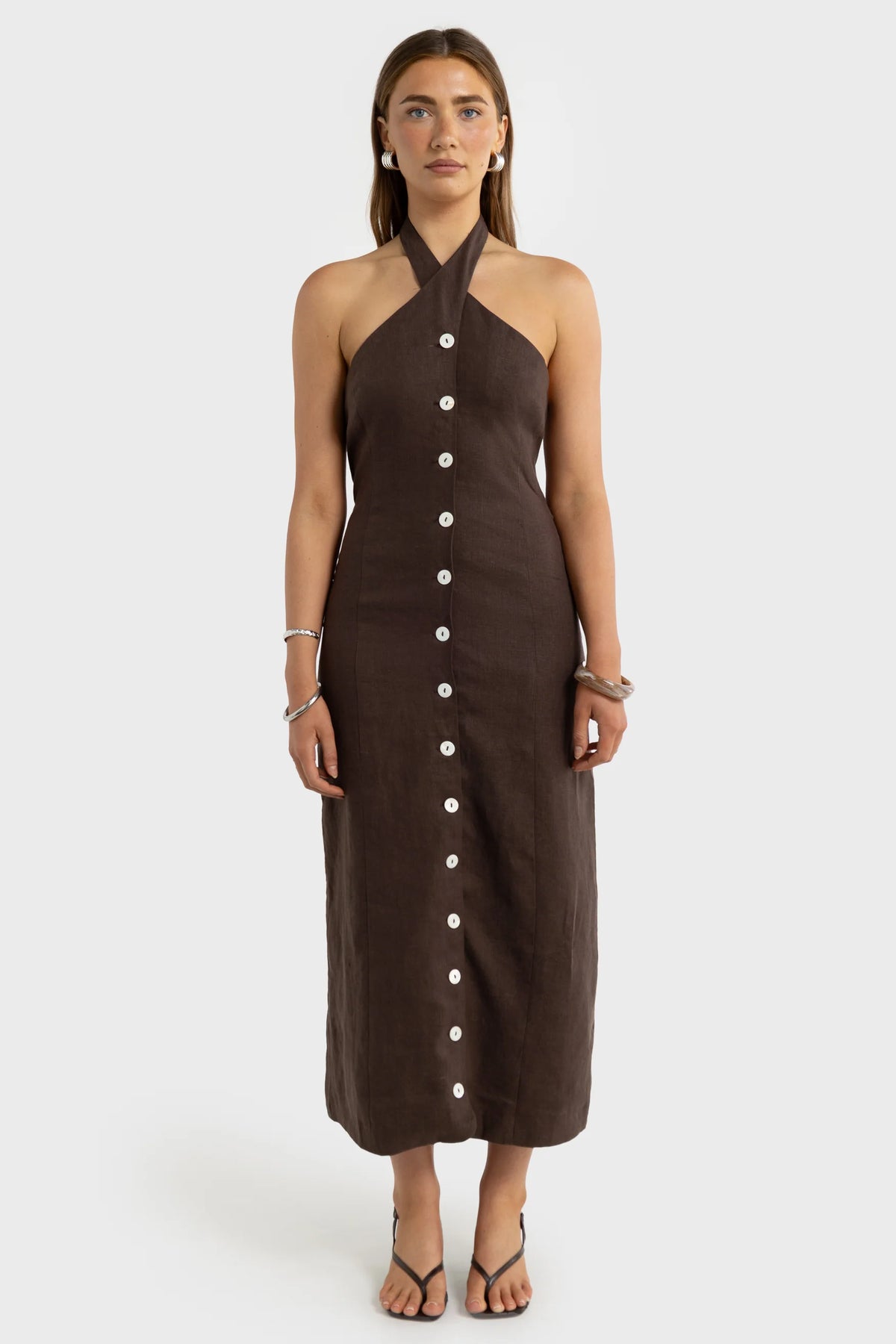 ORTC The Xandi Linen Halter Midi Dress | Carob
