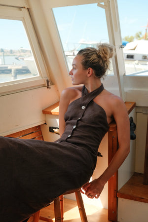 ORTC The Xandi Linen Halter Midi Dress | Carob