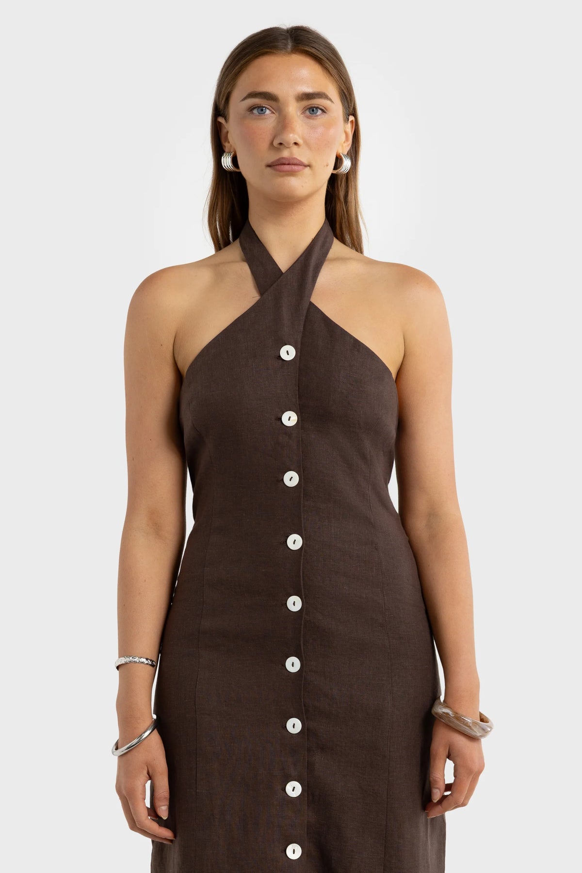 ORTC The Xandi Linen Halter Midi Dress | Carob