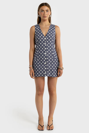 ORTC The Koda Linen Mini Dress | Harbour Blue Polka