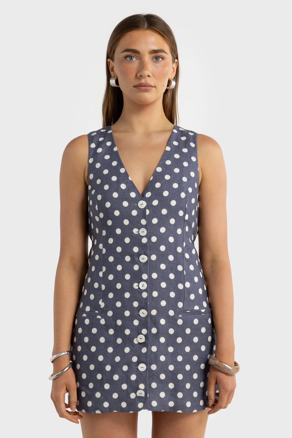 ORTC The Koda Linen Mini Dress | Harbour Blue Polka
