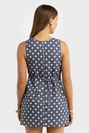 ORTC The Koda Linen Mini Dress | Harbour Blue Polka