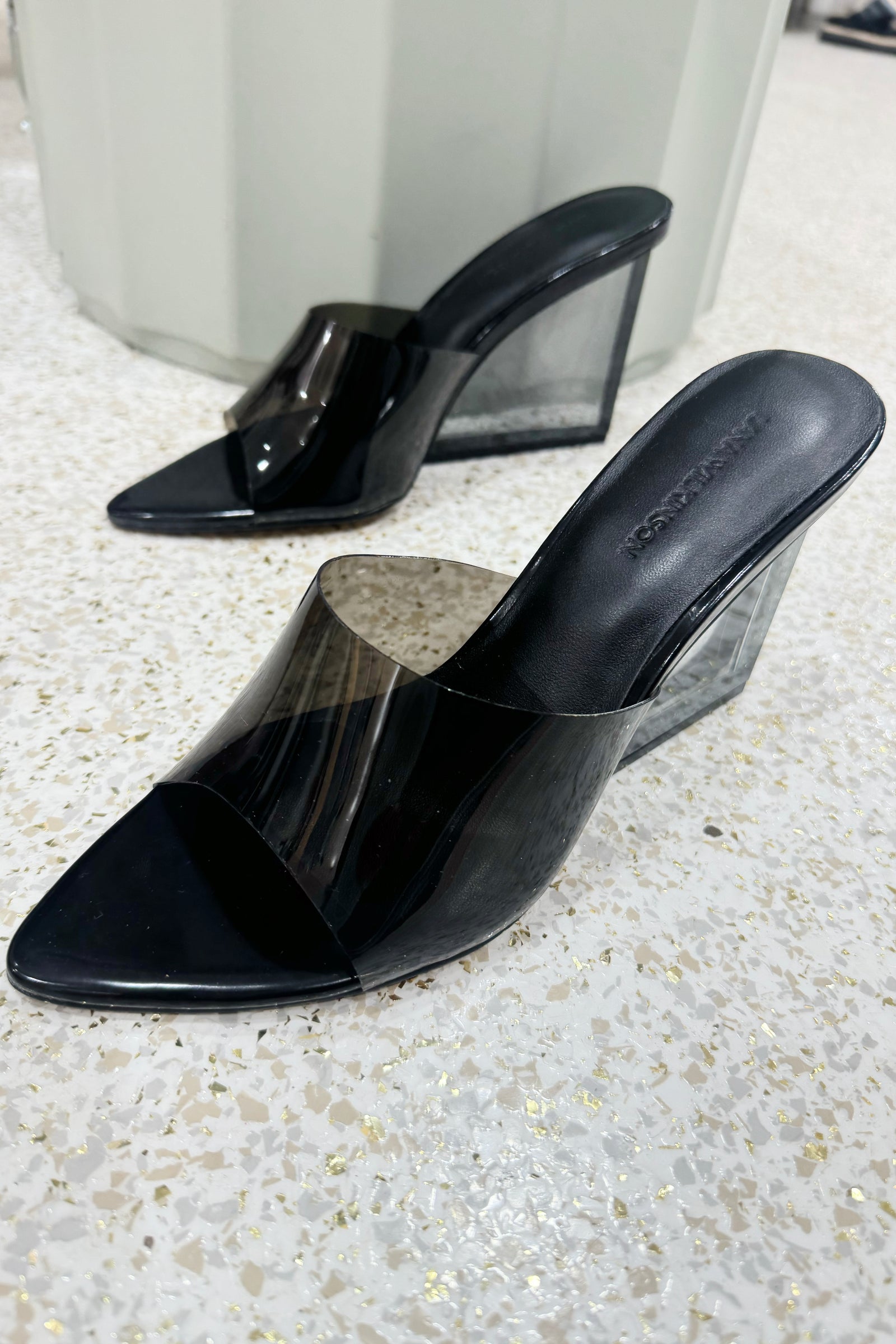 Lana Wilkinson Sara Wedge | Lucite & Black Leather