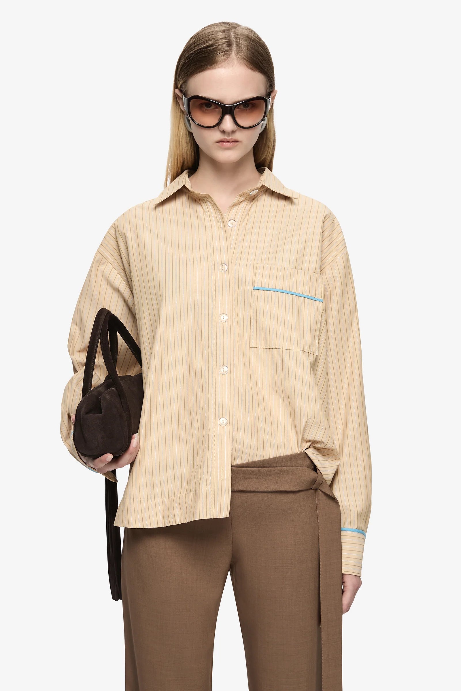 Bec + Bridge Zanda Shirt | Tan Pinstripe