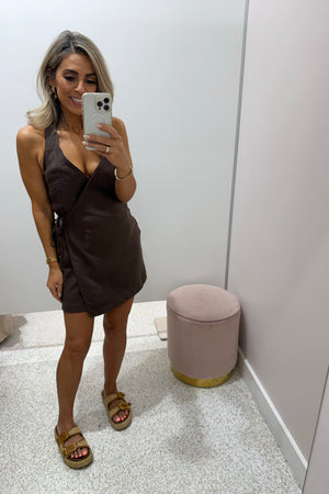 ORTC The Elise Linen Mini Wrap Dress | Carob