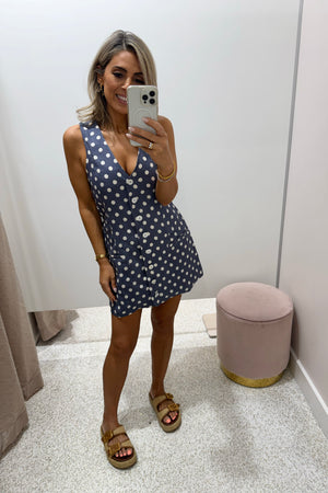 ORTC The Koda Linen Mini Dress | Harbour Blue Polka