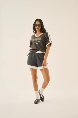 Araminta James James College Waffle Tee | Washed Black || PRE_ORDER ETA 17/10/2026
