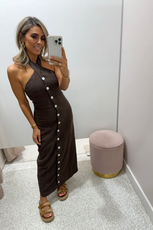 ORTC The Xandi Linen Halter Midi Dress | Carob