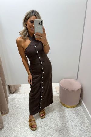 ORTC The Xandi Linen Halter Midi Dress | Carob