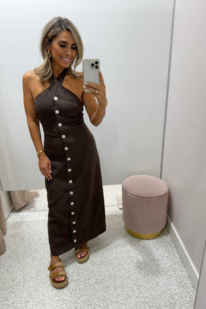 ORTC The Xandi Linen Halter Midi Dress | Carob