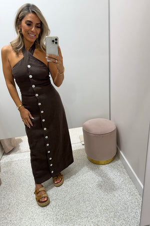 ORTC The Xandi Linen Halter Midi Dress | Carob